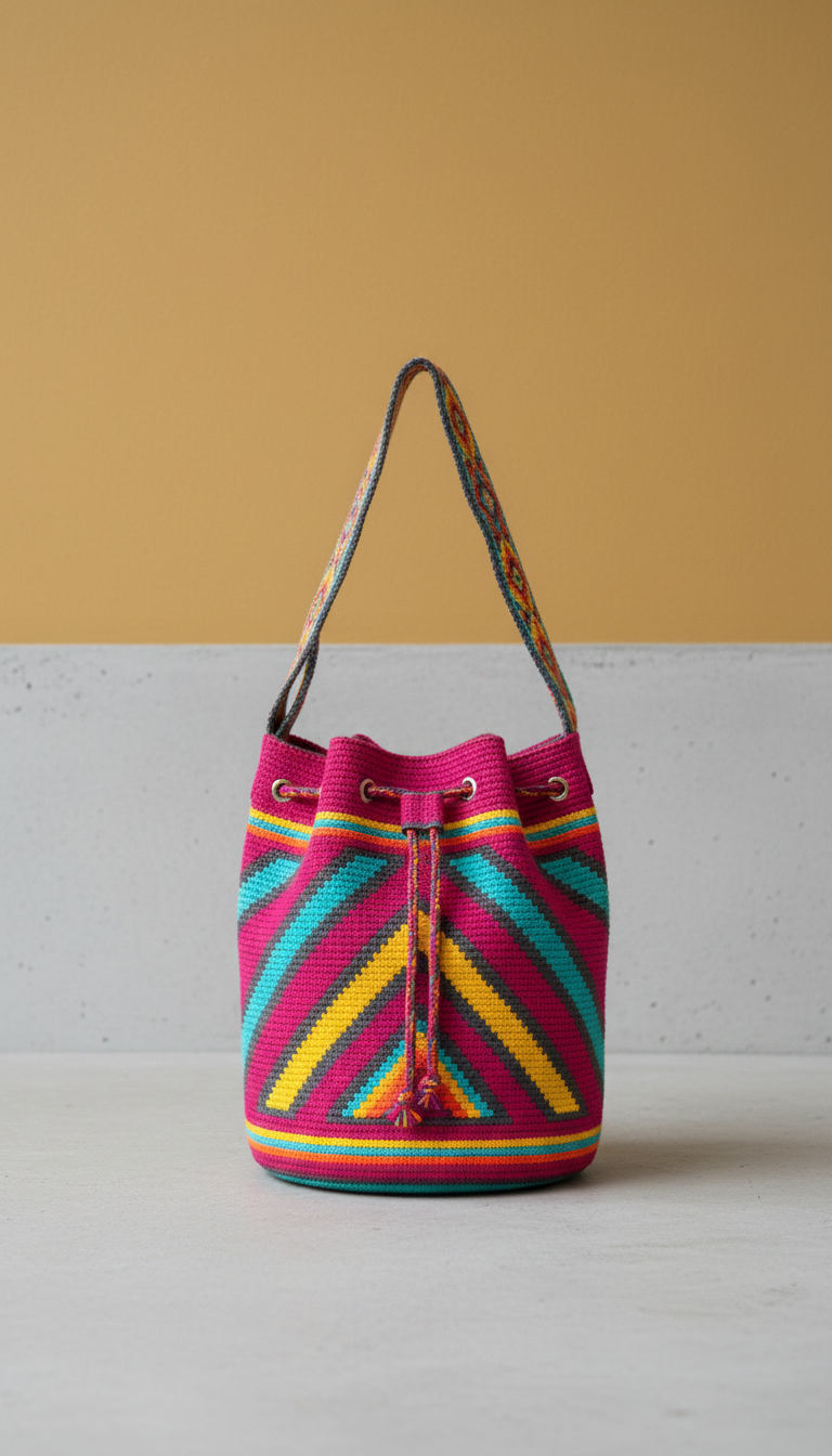 Wayuu fuchsia geometric bucket bag