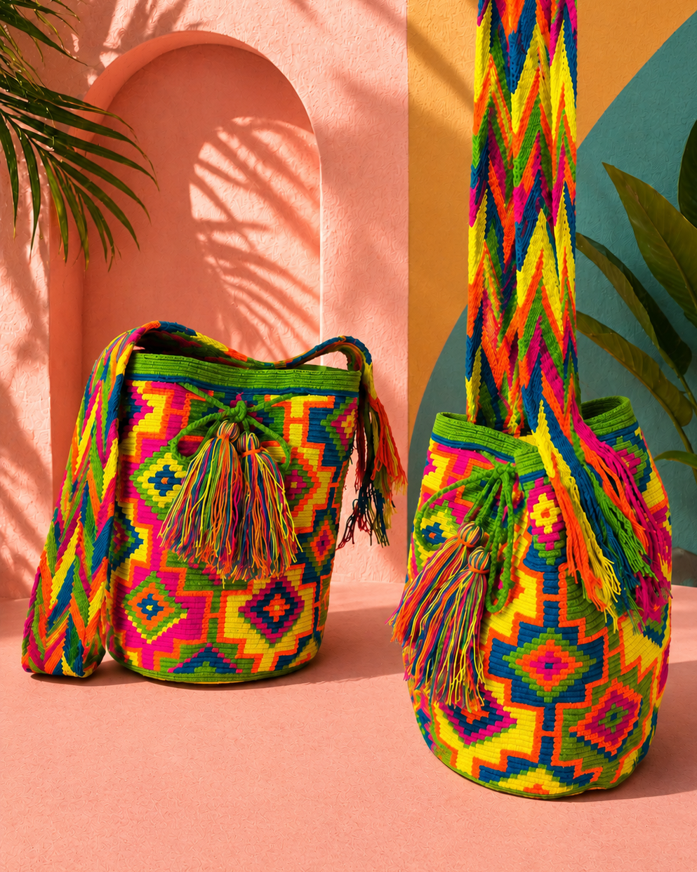 Large Neon Geometric Wayuu Crossbody Bag
